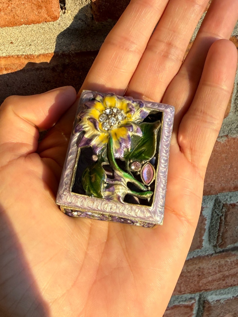 Pewter or some kind of heavy metal Enamel Purple Flower Trinket mini box.